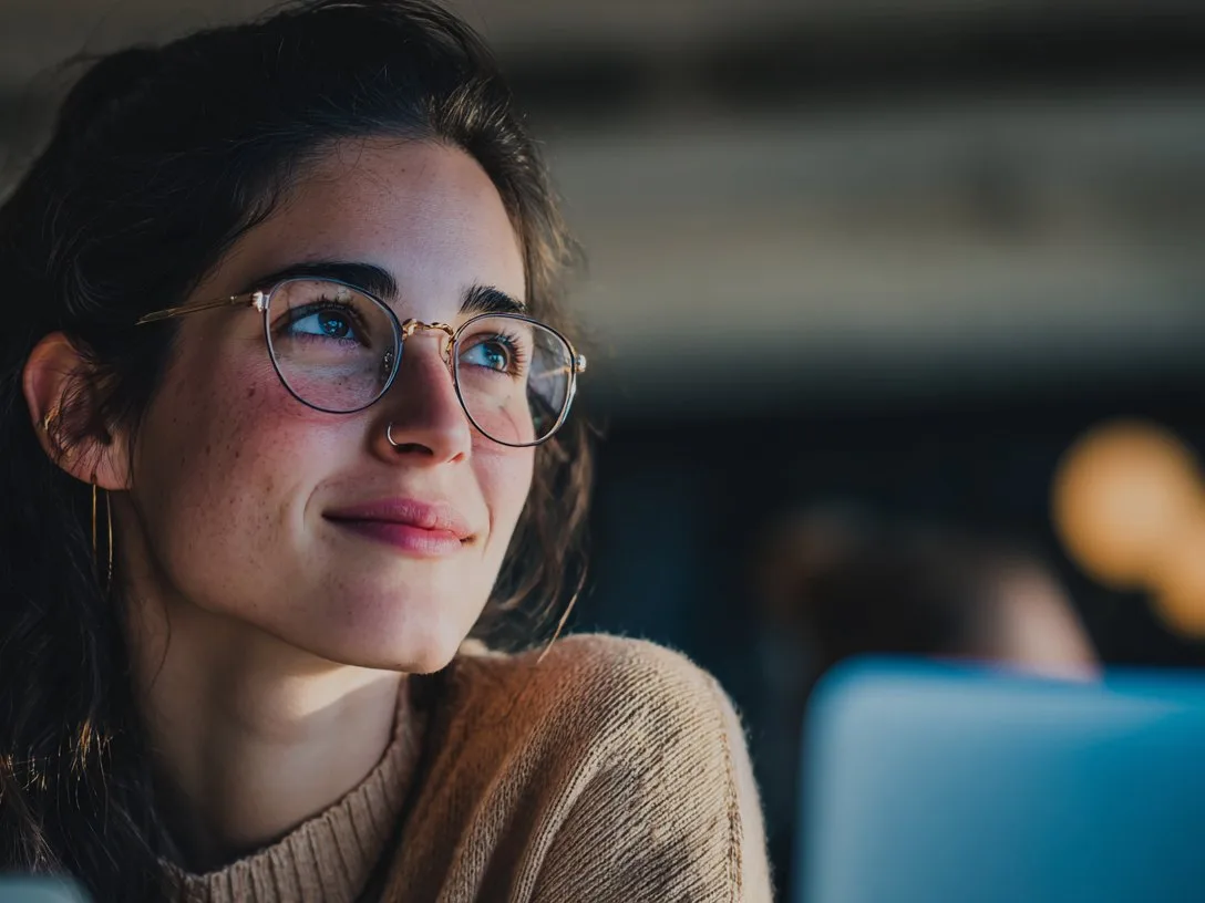 Mujer con lentes sonriendo y mirando hacia arriba